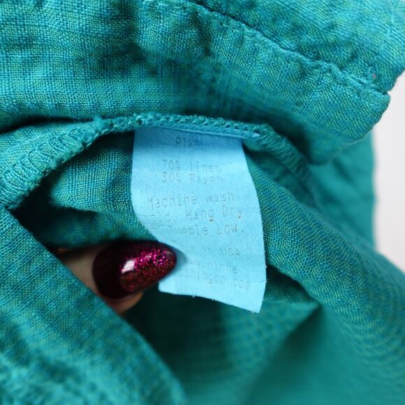 Nilgun Derman Niche Asymmetric Linen Blend Blouse Size XL Teal Green Lagenlook - Picture 6 of 8